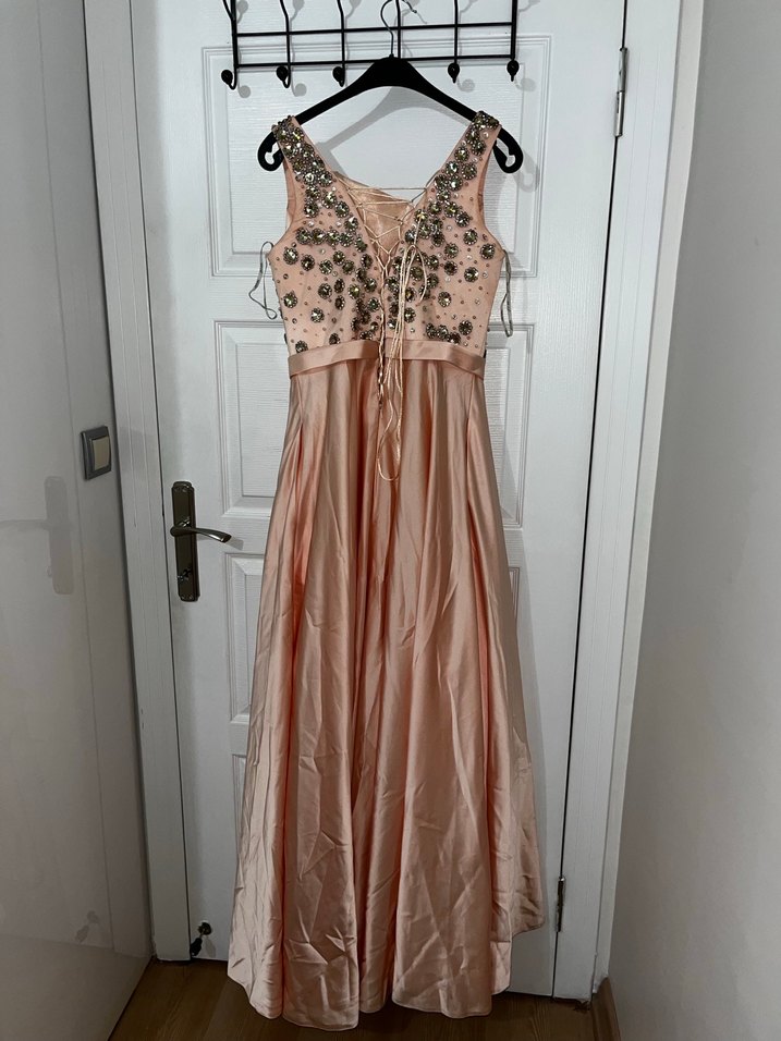 Toz pembe  Nakışlı Uzun V Yaka Abiye Elbise - Görsel 3