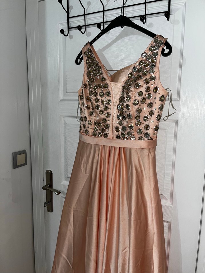 Toz pembe  Nakışlı Uzun V Yaka Abiye Elbise - Görsel 2