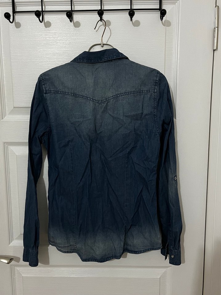 Lacivert Batik Desenli Uzun Kollu Denim Gömlek - Görsel 2