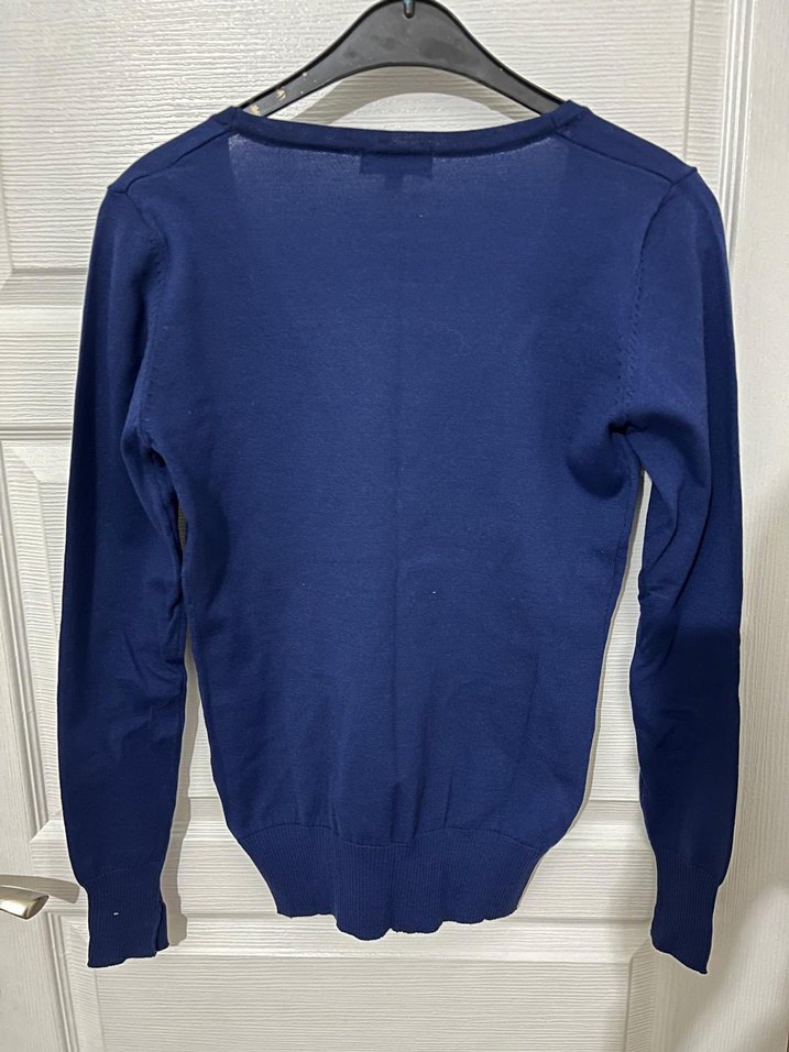 Düğmeli V Yaka Kadın Mavi Triko - Görsel 2