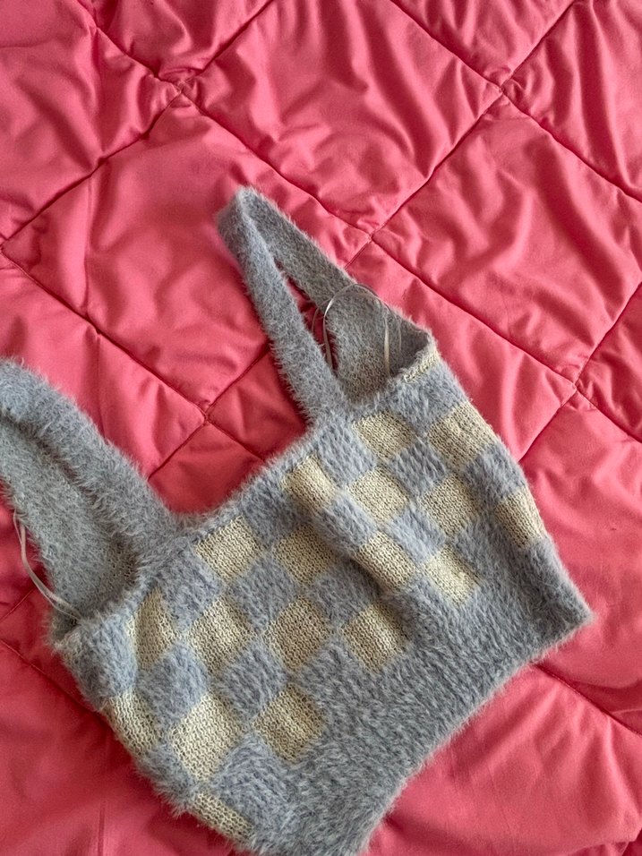 Bebek mavisi Ekose Desenli Kısa Örgü crop - Görsel 2