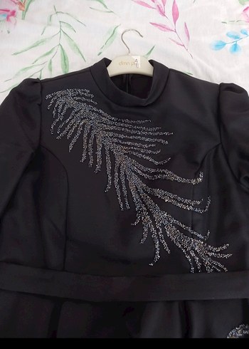 İşlemeli Siyah Uzun Kollu Uzun Abiye Elbise - Görsel 6