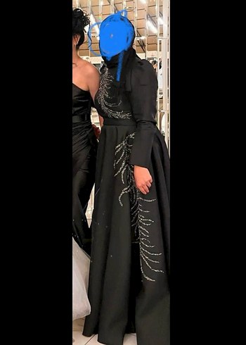 İşlemeli Siyah Uzun Kollu Uzun Abiye Elbise - Görsel 5