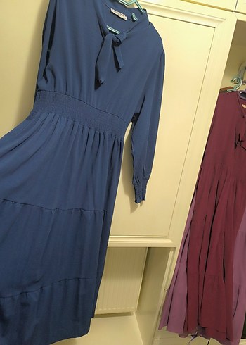 Bordo Uzun Keten Elbise - Görsel 5