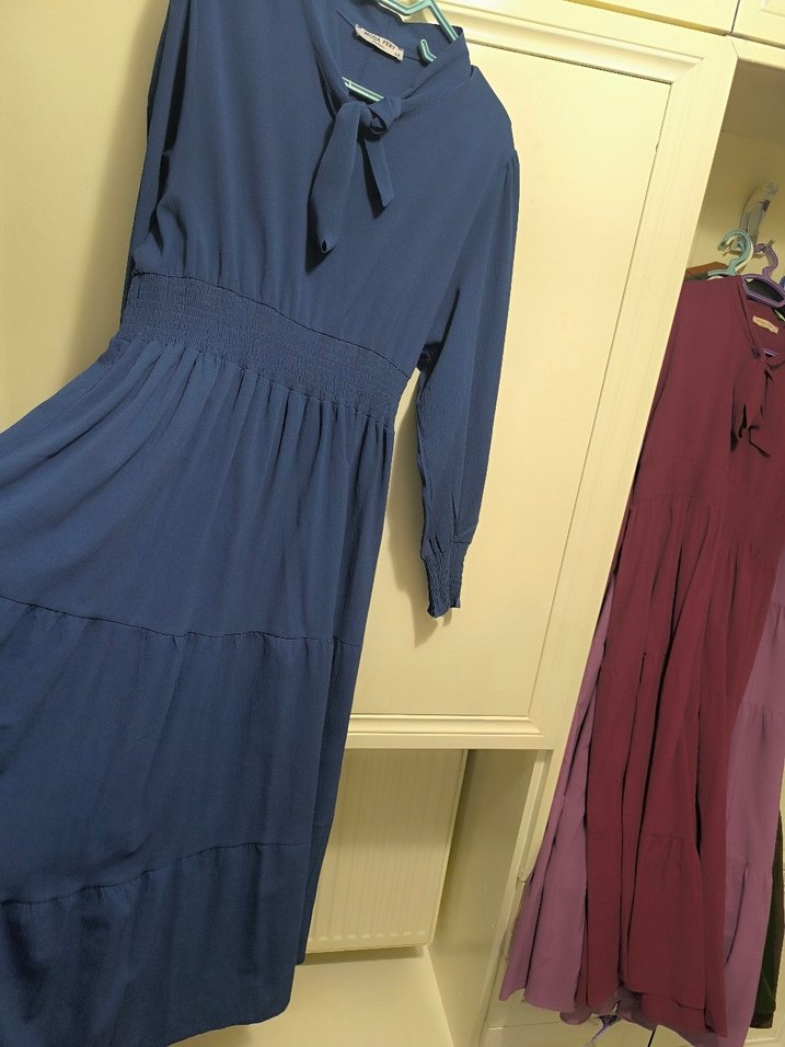 Bordo Uzun Keten Elbise - Görsel 5