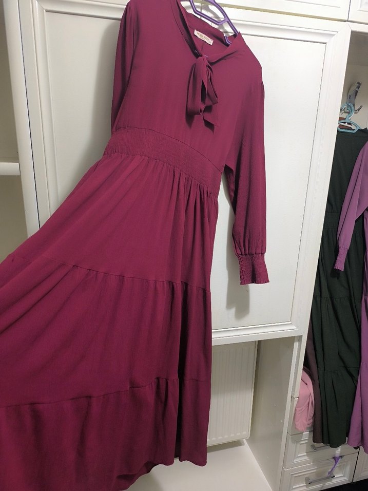 Bordo Uzun Keten Elbise - Görsel 3