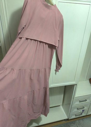 pudra Uzun Kollu Kat Katlı Elbise - Görsel 5