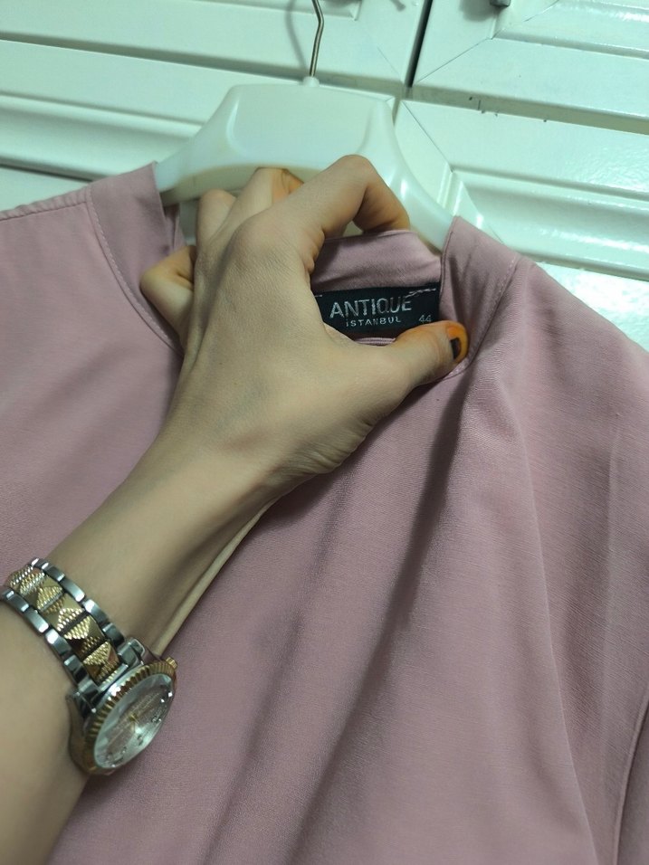 pudra Uzun Kollu Kat Katlı Elbise - Görsel 3