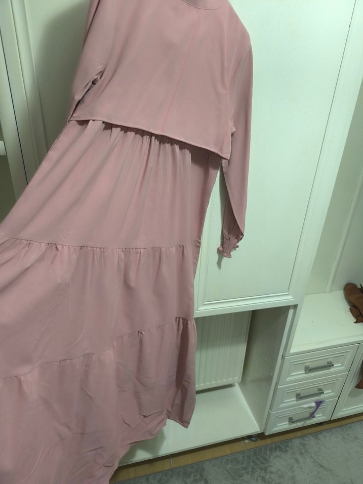 pudra Uzun Kollu Kat Katlı Elbise - Görsel 2