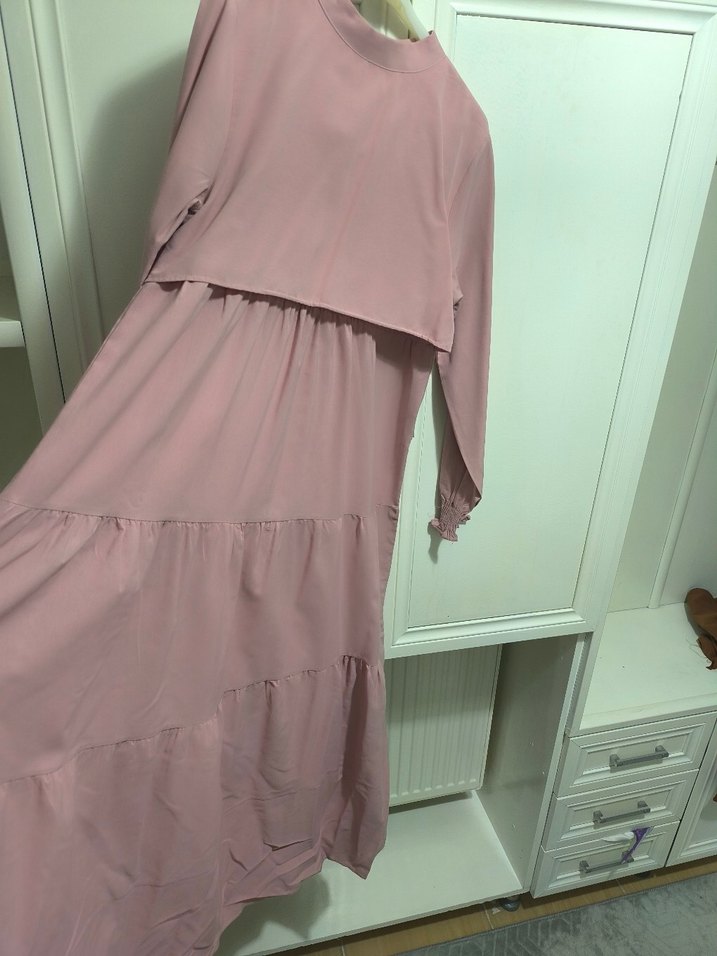 pudra Uzun Kollu Kat Katlı Elbise - Görsel 5