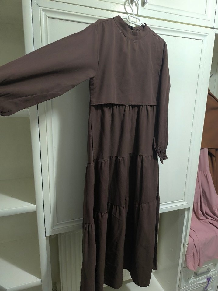 Kadın Kahverengi Uzun Keten Elbise - Görsel 2