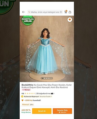 6 Yaş Beden Kız çocuk mavi Elsa Frozen kostüm