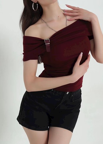 Bordo Süet Kayışlı Mini Straplez Bluz