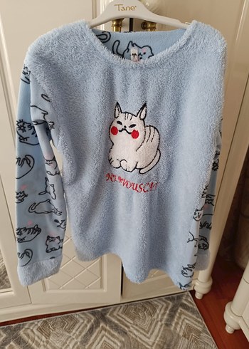 Mavi Peluş Baskılı Kedi Desenli Sweatshirt