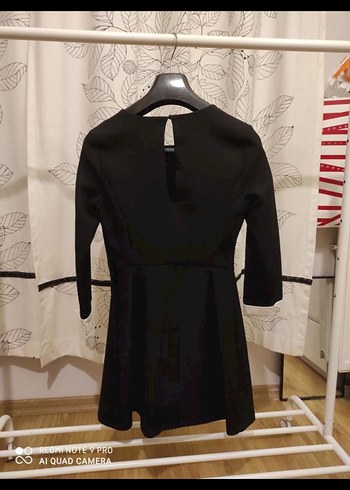 Siyah, uzun kollu, düğmeli ofis elbisesi - Görsel 7