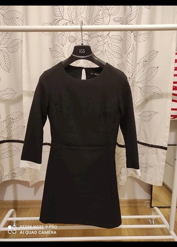 Siyah, uzun kollu, düğmeli ofis elbisesi - Görsel 6