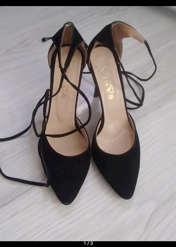 Siyah Süet Bağcıklı Stiletto Topuklu Ayakkabı - Görsel 2