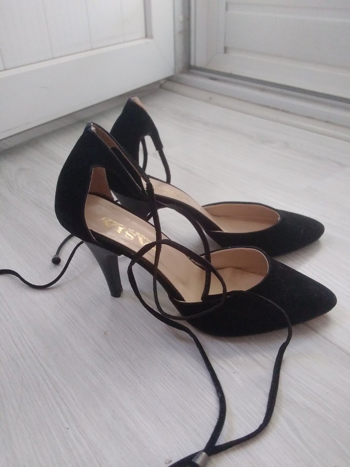 Siyah Süet Bağcıklı Stiletto Topuklu Ayakkabı - Görsel 3