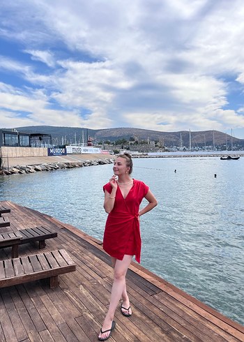 Kırmızı Mini tulum , Kısa Kollu, Salaş Kesim - Görsel 2