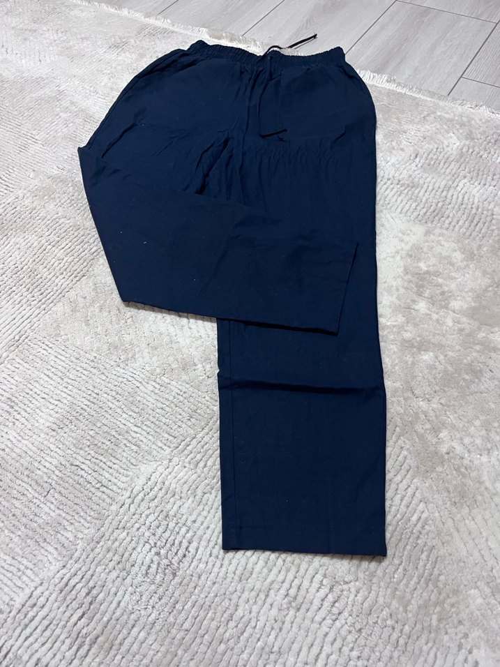 Kadın Lacivert Midi Street Wear Keten Pantolon - Görsel 2