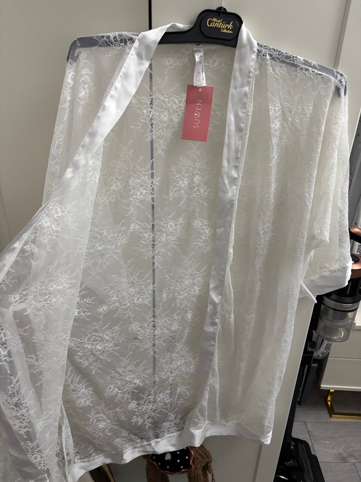 Beyaz Dantel Midi Kadın Sabahlık - Görsel 5