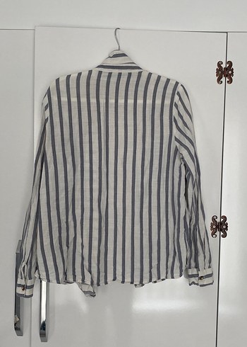 Çizgili Keten Gömlek, Uzun Kollu, Bol Kesim - Görsel 4