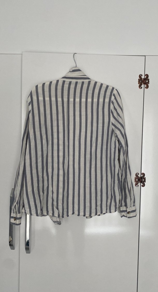 Çizgili Keten Gömlek, Uzun Kollu, Bol Kesim - Görsel 4