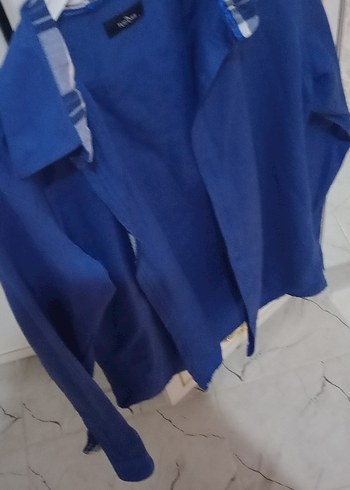 Mavi Keten Kadın Gömlek, Uzun Kollu, Salaş
