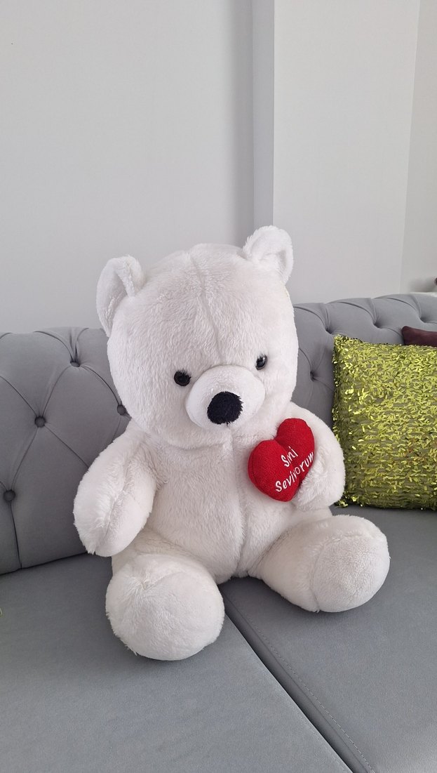 Beyaz Peluş Ayıcık - Kırmızı Kalpli 80 cm boy hiç kullanilmadi - Görsel 2
