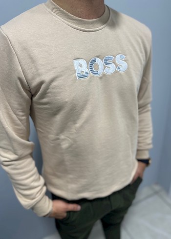 Bej BOSS Baskılı Uzun Kollu Tişört