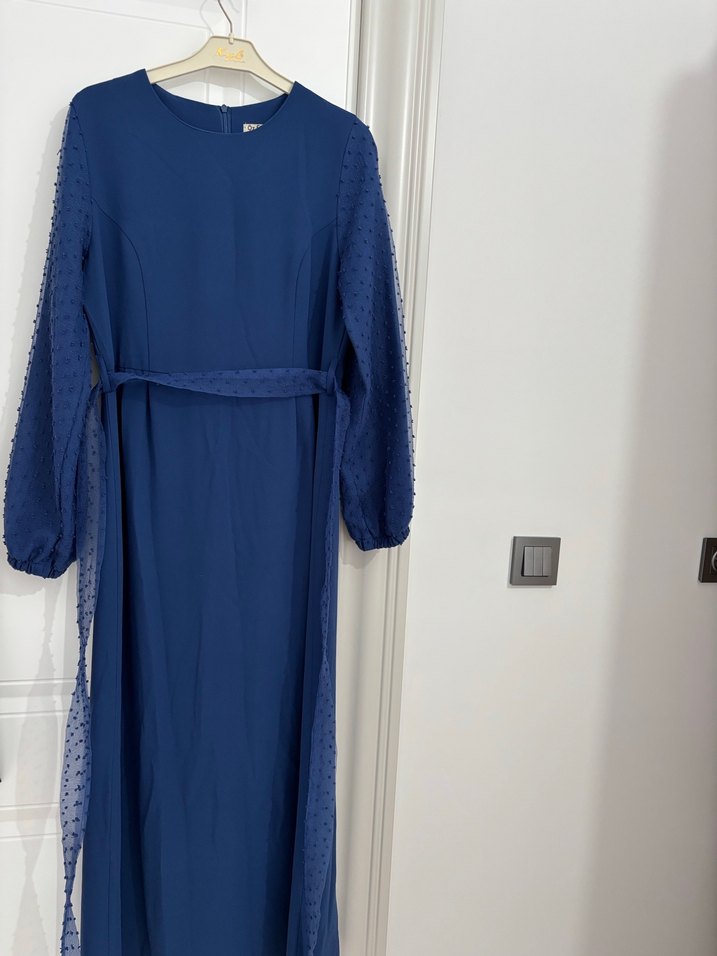 saks mavisi  Uzun Kollu Uzun Abiye Elbise - Görsel 2