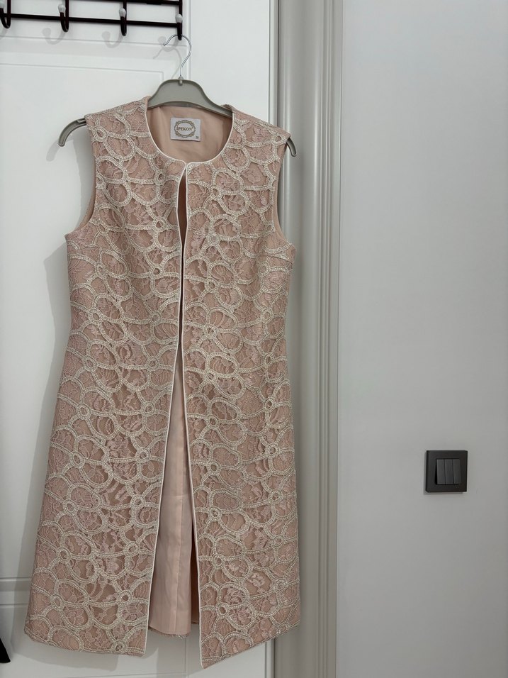 Dantel İşlemeli Bej Uzun Kadın yelek - Görsel 2