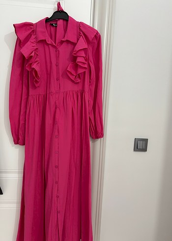 Pembe Uzun Kollu Fırfırlı Bohem Elbise - Görsel 2