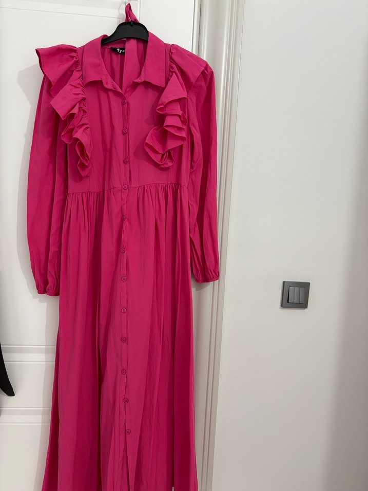 Pembe Uzun Kollu Fırfırlı Bohem Elbise - Görsel 2