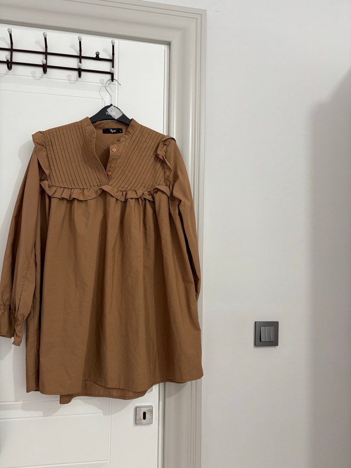 Kadın hardal Keten Fırfırlı Uzun Tunik - Görsel 2