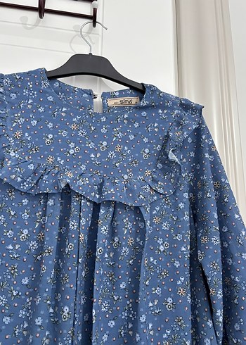 Mavi Çiçekli Fırfırlı Denim Tunik - Görsel 2