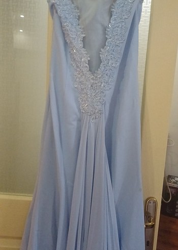 Mavi Drapeli V Yakalı Uzun Kadın Elbise - Görsel 3