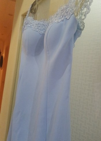 Mavi Drapeli V Yakalı Uzun Kadın Elbise - Görsel 6