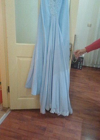 Mavi Drapeli V Yakalı Uzun Kadın Elbise - Görsel 2