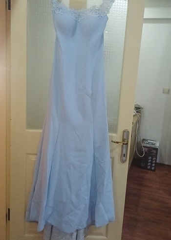 Mavi Drapeli V Yakalı Uzun Kadın Elbise - Görsel 4