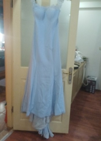 Mavi Drapeli V Yakalı Uzun Kadın Elbise - Görsel 5