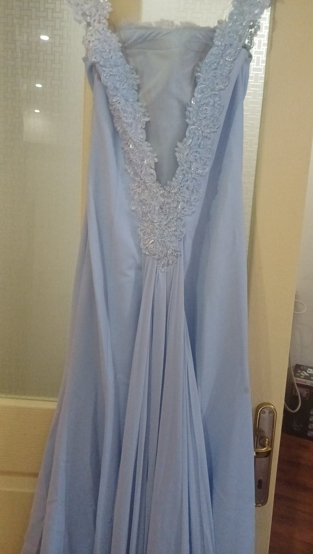 Mavi Drapeli V Yakalı Uzun Kadın Elbise - Görsel 3