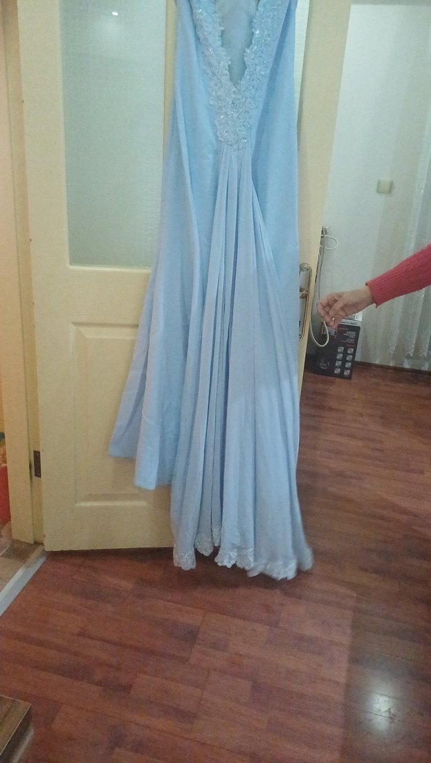 Mavi Drapeli V Yakalı Uzun Kadın Elbise - Görsel 2