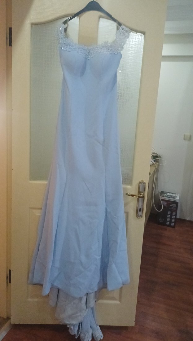 Mavi Drapeli V Yakalı Uzun Kadın Elbise - Görsel 4