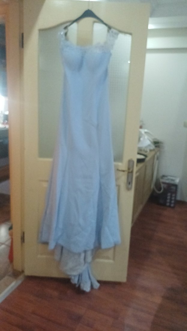 Mavi Drapeli V Yakalı Uzun Kadın Elbise - Görsel 5