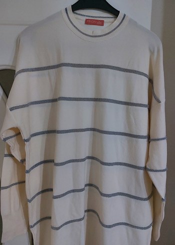 Kadın Beyaz Gri Çizgili Örme Uzun Kollu Kazak - Görsel 3