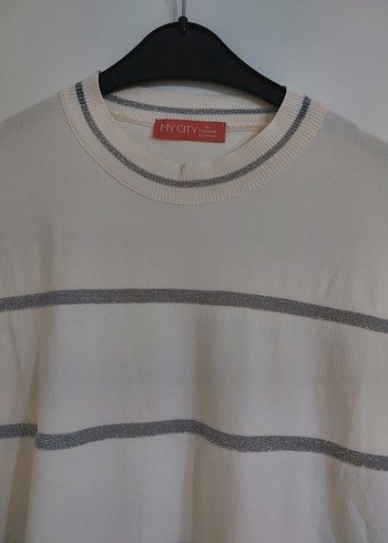 Kadın Beyaz Gri Çizgili Örme Uzun Kollu Kazak - Görsel 2