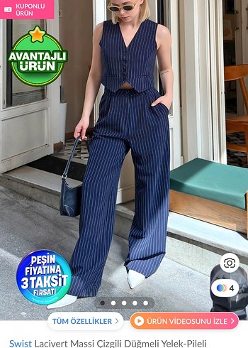 Swist Lacivert Çizgili Düğmeli Yelek ve Pileli Pantolon