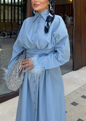 Mavi Kemerli Uzun Kadın Elbise - Görsel 2