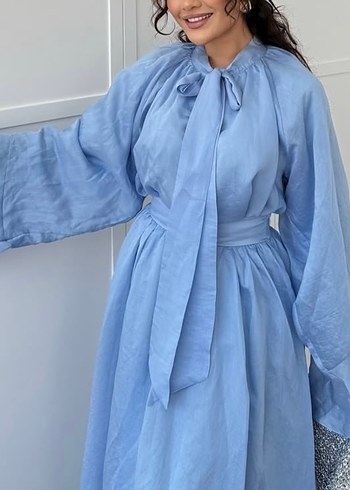 Mavi Keten Bohem Uzun Elbise - Görsel 2